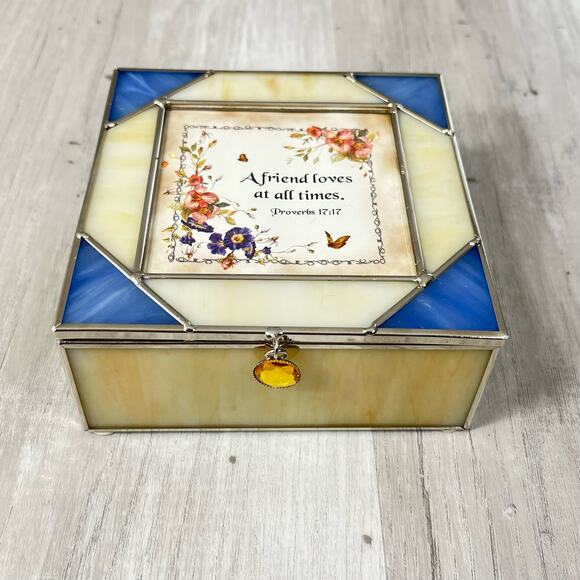 Vintage Dicksons Stained Glass Sentiment Box Floral Butterfly Trinket Jewelry - Picture 3 of 10